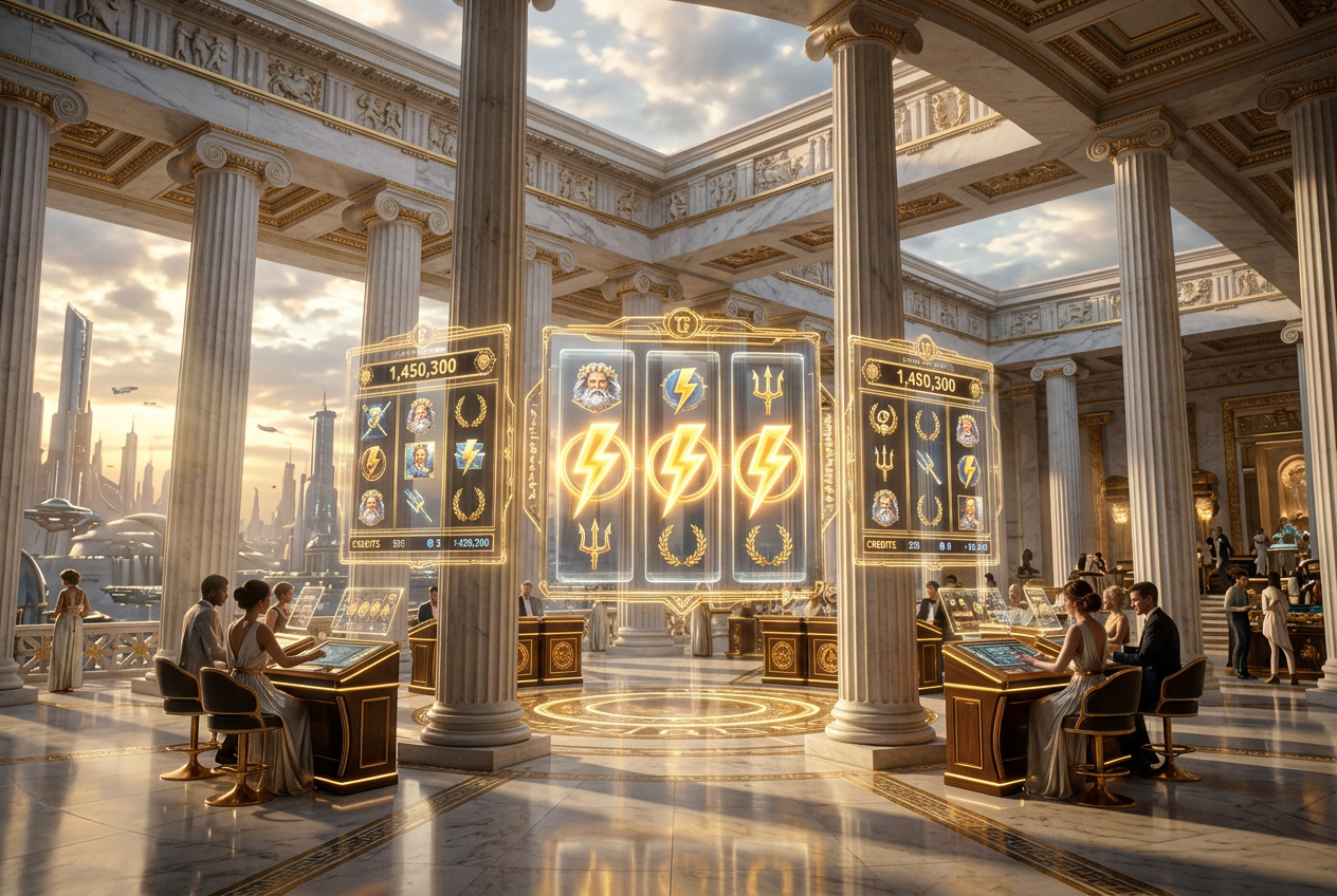 A cinematic view of a digital casino interface with Ancient Greek temple aesthetics.